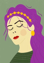 A poster with a picture of a girl with purple hair.