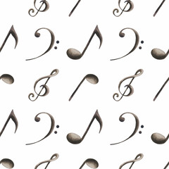 Watercolor musical seamless pattern with notes, treble and bass clefs.