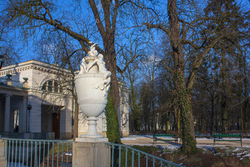 Decorative flowerpot in Royal palace (Palace on the Water) in Lazienki park at winter in Warsaw, Poland