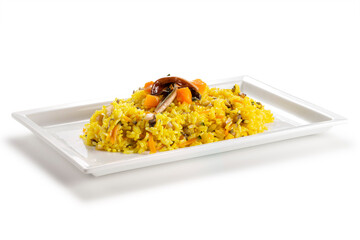 Rectangular dish with saffron rice late radicchio and yellow pumpkin