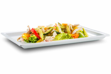 Rectangular plate with chicken salad and vegetable julienne