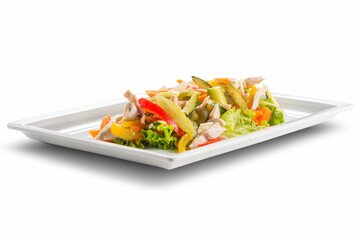Rectangular plate with chicken salad and vegetable julienne