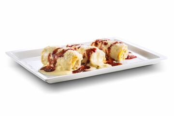 Rectangular plate with Pasta roll with meat sauce and wine sauce