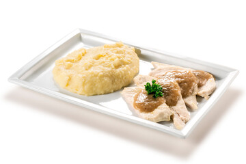 Rectangular plate with slices of white meat and mashed potatoes