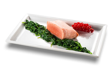 Rectangular plate with steamed salmon fillet and spinach