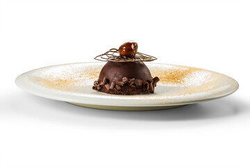Round white plate with chocolate hemisphere with soft chestnut heart