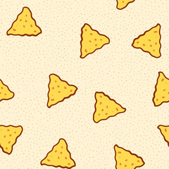 Nacho seamless pattern. Random pattern of nachos mexican food. Hand drawn cartoon delicious crispy nachos, tortillas.