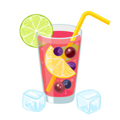 Sangria in a glass with pieces of lemon and tube for drinking. Alcoholic cocktail. Traditional spanish drink sangria still life vector. Red wine, fruits and berries icon isolated on white background.
