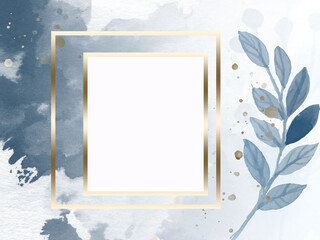 blue watercolor background with golden frame with space for text