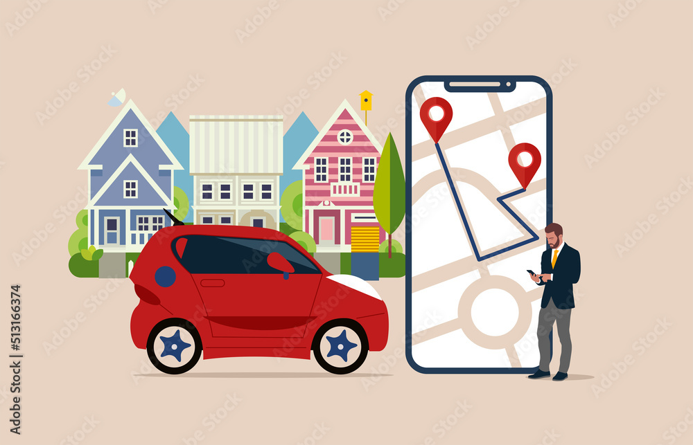 Wall mural Modern phone with location mark and smart ride share electric car. Connected vehicle remote parking. Autonomous online car sharing service controlled via smartphone app. 