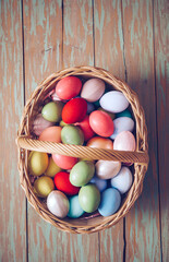 easter eggs in a basket. Colored eggs. Happy day. 