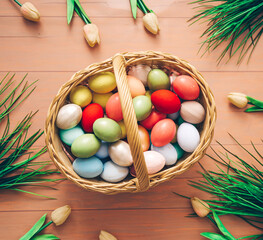 easter eggs in a basket. Eggs colored. Easter. 