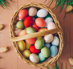 Eggs in a basket. Colored eggs. Happy day. Easter