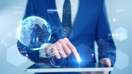 Business finance data analytics graph chart report, man using mobile tablet searching investment data digital GDP marketing KPI sale report, financial management technology, virtual screen metaverse.