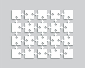 Puzzle template with 20 separate pieces. Jigsaw outline grid. Thinking game with detached shapes. Simple mosaic layout. Modern puzzle background. Laser cut frame. Vector illustration.