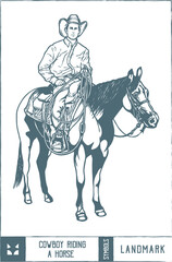 Cowboy riding a horse Vector illustration - Hand drawn - Out line