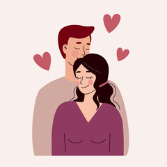Beautiful young man and woman hugging, loving couple. Valentine's day, love, date. Flat vector illustration