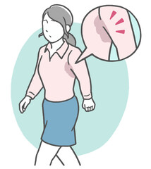 仕事中、シャツに脇汗のシミが出来て悩むアジア人女性