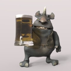 3D-illustration of a cute and funny cartoon kobold, invitation to a party, isolated rendering object