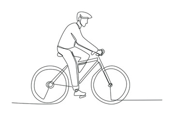 Single one line drawing man cycling on the road. Road and traffic concept. Continuous line draw design graphic vector illustration.