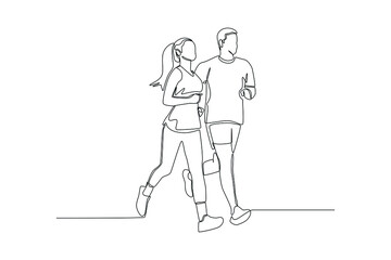 Continuous one line drawing young man and woman in sportswear jogging on the street. Sport concept. Single line draw design vector graphic illustration. - obrazy, fototapety, plakaty