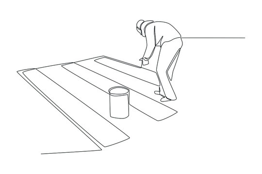 Single one line drawing road worker paints and repairs a pedestrian crossing. Road and traffic concept. Continuous line draw design graphic vector illustration.