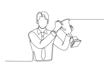 Continuous one line drawing happy employee rises up hand and  gets trophy in office. Business success concept. Single line draw design vector graphic illustration.