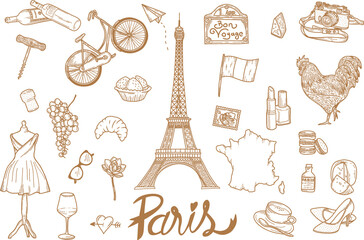 Paris vector hand draw set illustration - Out line - obrazy, fototapety, plakaty