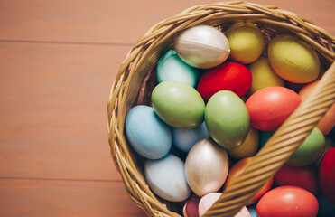 easter eggs in a basket. Easter concept. Colored eggs. Holidays. Happy day. Spring time. 