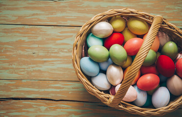 Fototapeta na wymiar easter eggs in a basket. Easter concept. Eggs. Holidays. Wooden table. 