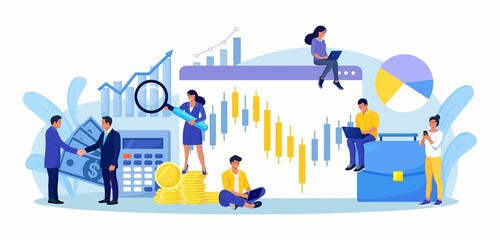Global stock exchanges index. Forex trading. Trading strategy. Businessmen buy and sell cryptocurrency, stocks, bonds. People analyzing candlestick chart of the stock market, financial graphs