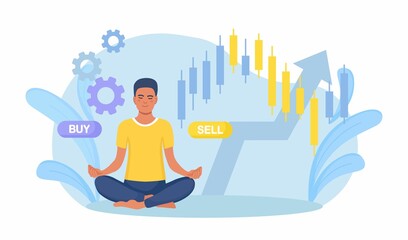 Man trader with buy, sell buttons. Technical analysis candlestick chart. Global stock market index, trade exchange. Forex trading strategy. Finance growth, Data analysis. Person Investing in Stocks