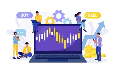 Tiny people stock traders buy and sell shares at computer, laptop. Technical analysis candlestick chart. Global stock market index, trade exchange. Forex trading strategy. Investing in Stocks