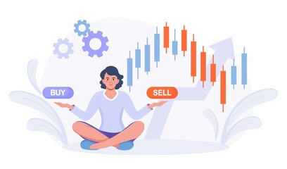 Woman trader with buy, sell buttons. Technical analysis candlestick chart. Global stock market index, trade exchange. Forex trading strategy. Finance growth, Data analysis. Person Investing in Stocks