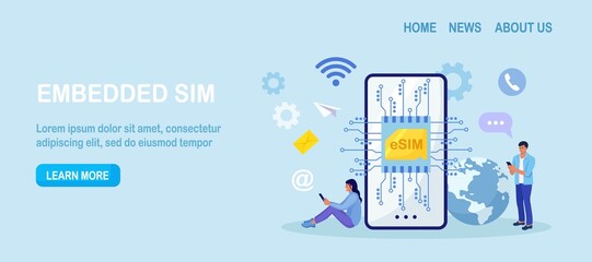 Embedded sim card on microcircuit. Young people use modern mobile phone with eSIM card chip. Smartphone without classical sim card. New digital technology. Cellphone with integrated circuit card - obrazy, fototapety, plakaty