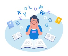Dyslexia concept. Young girl difficulty in reading. Upset disappointed person with scattered letters above his head and books. Mental disorder trouble with reading. Logopedics, speech therapy lessons