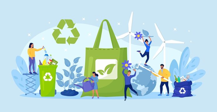 People using eco bag, sorting plastic waste for recycling. Eco friendly shopping. Zero waste. Using reusable bags to save earth environment and less resource pollution. Sustainable choice clean nature