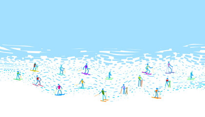 People skiing on snowy hills background design. Vector illustration of winter sports on holidays concept