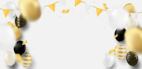 Celebration and congratulations card. Design with white, gold balloons and gold foil confetti. luxury background. vector.