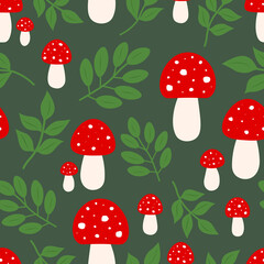 Seamless pattern mushrooms fly agaric leaves vector illustration