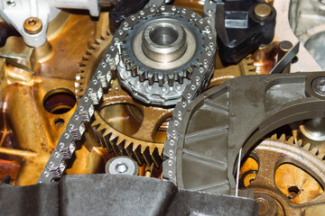 View of the oil pump drive chain of an automobile engine