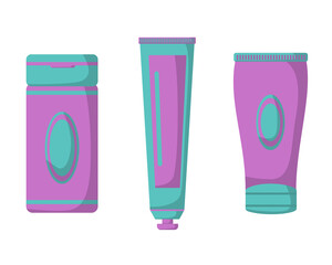 Behind the body cosmetic set consisting of shampoo, toothpaste, hand cream in purple mint color, vector image.