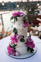 large beautiful wedding cake in the evening near the arch with decor