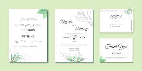 Minimal wedding invitation template with abstract leaves