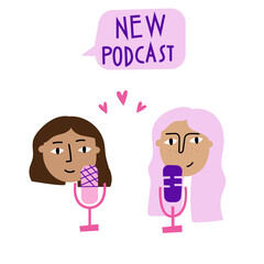 Podcast girls with microphones. New podcast. Broadcasting illustration. Podcaster woman