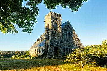 The Old Stone Church at West Boylston at sunrise, Massachusetts. The Church, built in 1891, is a historic building in Boylston, and was was added to the National Register of Historic Places in 1973.