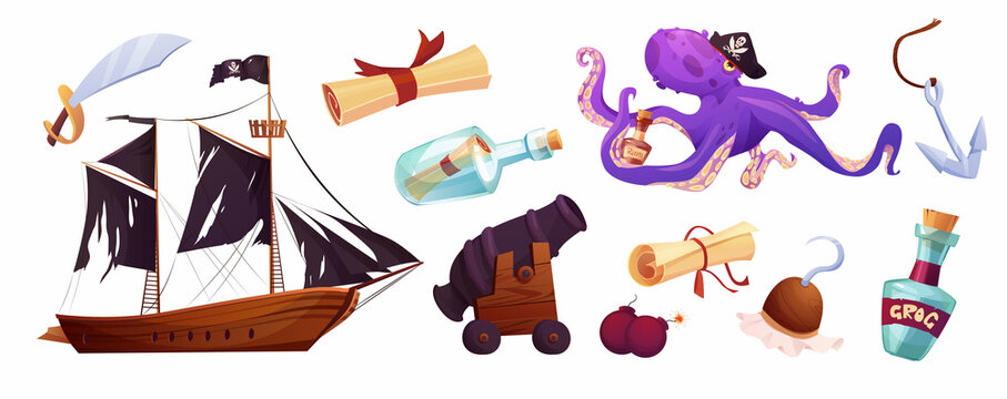 Pirates set icons in cartoon style. Flag with white skull and crossing bones. Parchment pirate's treasure map, bottle.