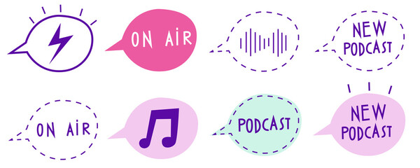 Set of speech bubbles. Podcast icons. Flat podcasting illustrations