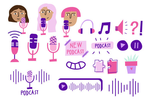 Big Podcasting Set. Podcast Girls, Microphone, Podcast Icons. Flat Illustrations