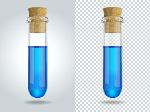 3D transparent glass test tubes with cork and blue chemical liquid. Vector Illustration.